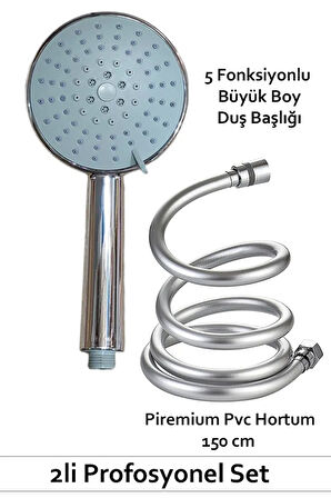 5 Fonksiyonlu Büyük Boy Duş Başlığı & Pvc Süper sağlam 150 cm Hortum Duş Seti