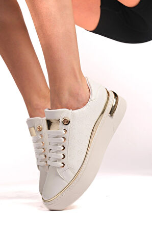 Altın Detaylı Beyaz Kadın Sneaker - Kalın Tabanlı ve Modern Tasarım Trend Spor Ayakkabı Beyaz / 37