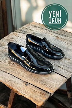 siyah rugan deri loafer bagcıksız nişan dügün özel günler damatlık klasik erkek ayakkabı Siyah / 42