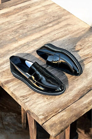 siyah rugan deri loafer bagcıksız nişan dügün özel günler damatlık klasik erkek ayakkabı Siyah / 42