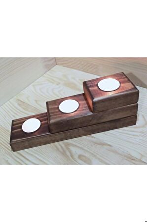 HN- Dekoratif Doğal Ahşap 3 Lü Set Mumluk Oyma Şamdan Tealight Mumlar Dahil 