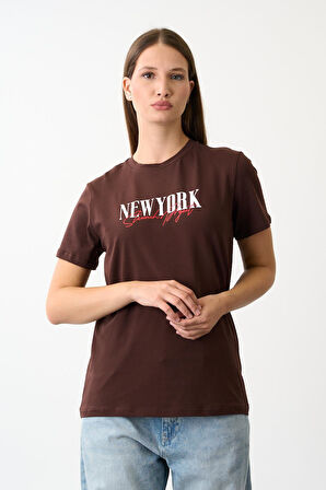 Oversize Geniş Kalıp Bisiklet Yaka Baskılı T-Shirt