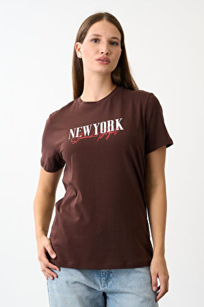 Oversize Geniş Kalıp Bisiklet Yaka Baskılı T-Shirt