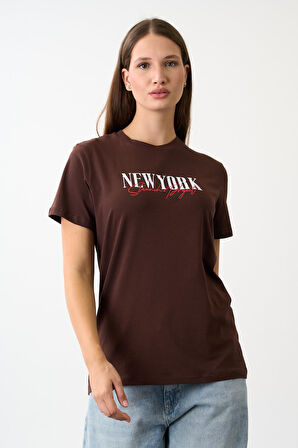 Oversize Geniş Kalıp Bisiklet Yaka Baskılı T-Shirt