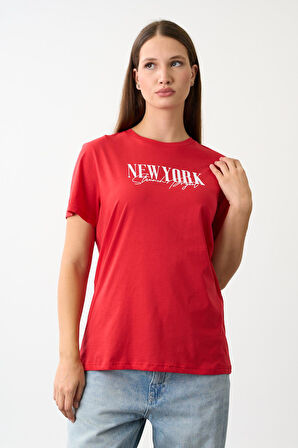 Oversize Geniş Kalıp Bisiklet Yaka Baskılı T-Shirt