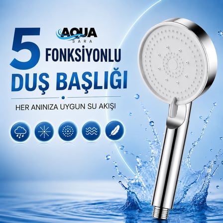 Aqua Sara Krom 5 Fonksiyonlu Yüksek Basınçlı Ayarlanabilir Duş Başlığı