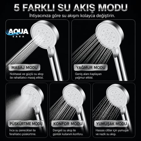 Aqua Sara Krom 5 Fonksiyonlu Yüksek Basınçlı Ayarlanabilir Duş Başlığı