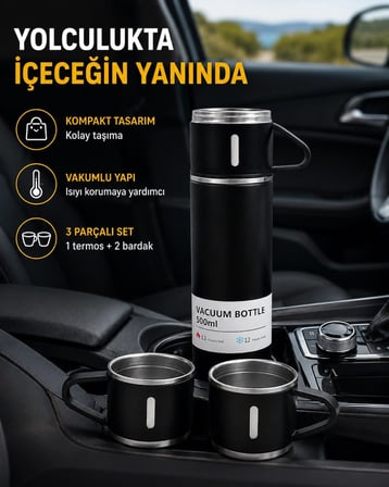 500 ml Paslanmaz Çelik Termos Seti – Sızdırmaz, Vakumlu, Isı Koruma Özellikli, Taşınabilir Termos