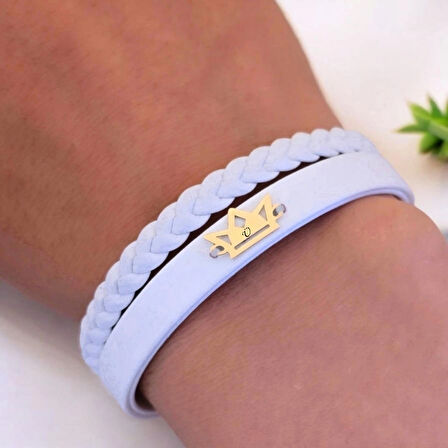 Ü Harfine Özel Taç Figürlü 14 Ayar Altın Plakalı Doğal Beyaz Derili Hediye Bileklik-500harf
