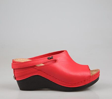 CASTLE BLACK 42112 Hakiki Deri Ortopedik Kırmızı Kadın Terlik