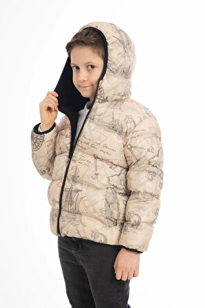 Erkek Çocuk Pusula Desen Polar Su ve Rüzgar Geçirmez Kapüşonlu Cepli Şişme Kışlık Mont