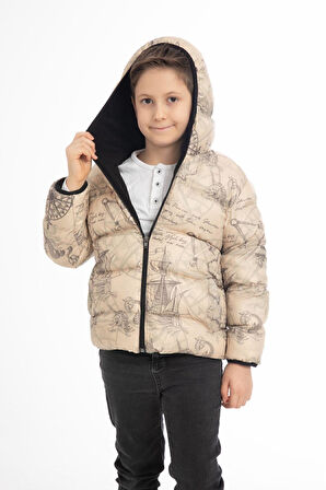 Erkek Çocuk Pusula Desen Polar Su ve Rüzgar Geçirmez Kapüşonlu Cepli Şişme Kışlık Mont