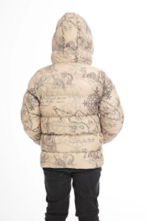 Erkek Çocuk Pusula Desen Polar Su ve Rüzgar Geçirmez Kapüşonlu Cepli Şişme Kışlık Mont