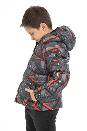 Erkek Çocuk Pusula Desen Polar Su ve Rüzgar Geçirmez Kapüşonlu Cepli Şişme Kışlık Mont