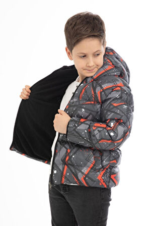 Erkek Çocuk Pusula Desen Polar Su ve Rüzgar Geçirmez Kapüşonlu Cepli Şişme Kışlık Mont