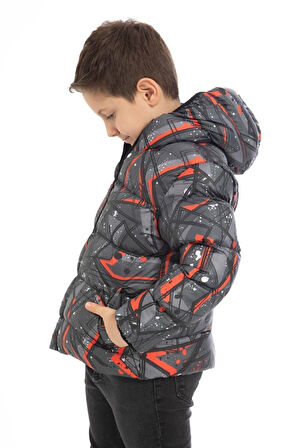 Erkek Çocuk Pusula Desen Polar Su ve Rüzgar Geçirmez Kapüşonlu Cepli Şişme Kışlık Mont