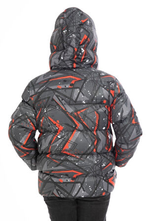 Erkek Çocuk Pusula Desen Polar Su ve Rüzgar Geçirmez Kapüşonlu Cepli Şişme Kışlık Mont