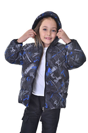 Kız ÇocukDijital Desen Polar Su ve Rüzgar Geçirmez Kapüşonlu Şişme Kışlık Mont