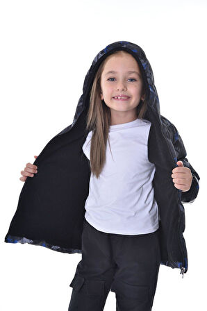 Kız ÇocukDijital Desen Polar Su ve Rüzgar Geçirmez Kapüşonlu Şişme Kışlık Mont