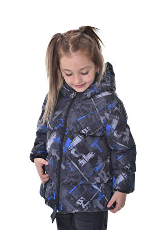 Kız ÇocukDijital Desen Polar Su ve Rüzgar Geçirmez Kapüşonlu Şişme Kışlık Mont