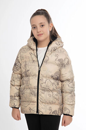 Kız Çocuk Kar Tanesi Desen Polar Su ve Rüzgar Geçirmez Kapüşonlu Cepli Şişme Kışlık Mont