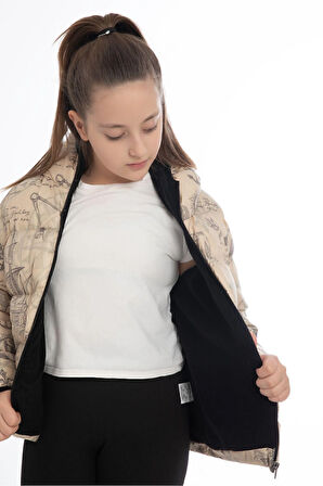 Kız Çocuk Kar Tanesi Desen Polar Su ve Rüzgar Geçirmez Kapüşonlu Cepli Şişme Kışlık Mont