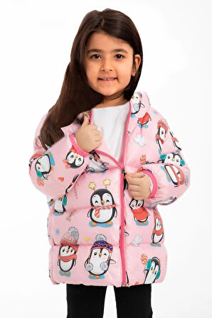 Kız Çocuk Polarlı Kapüşonlu Penguen Şeker Desenli Kışlık Şişme Mont & Kaban & Parka