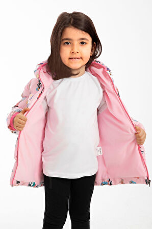 Kız Çocuk Polarlı Kapüşonlu Penguen Şeker Desenli Kışlık Şişme Mont & Kaban & Parka