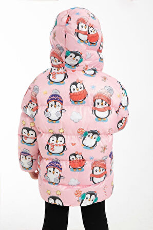Kız Çocuk Polarlı Kapüşonlu Penguen Şeker Desenli Kışlık Şişme Mont & Kaban & Parka