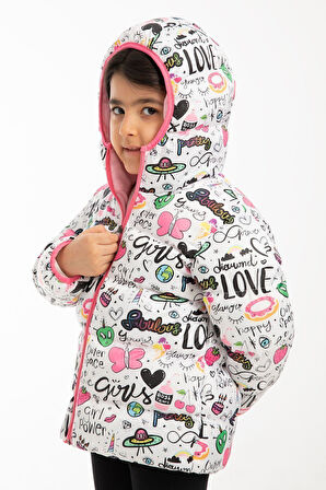 Kız Çocuk Polarlı Kapüşonlu Girls Yazılı Kelebek Desenli Kışlık Şişme Mont & Kaban & Parka
