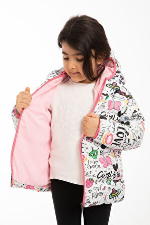 Kız Çocuk Polarlı Kapüşonlu Girls Yazılı Kelebek Desenli Kışlık Şişme Mont & Kaban & Parka