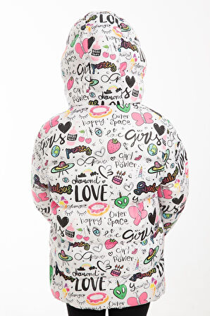 Kız Çocuk Polarlı Kapüşonlu Girls Yazılı Kelebek Desenli Kışlık Şişme Mont & Kaban & Parka