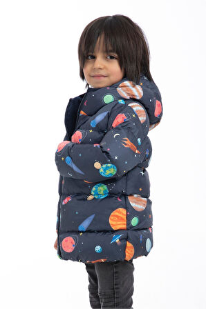 Erkek Çocuk Polarlı Kapüşonlu Gezegen Yıldız Desenli Kışlık Şişme Mont & Kaban & Parka