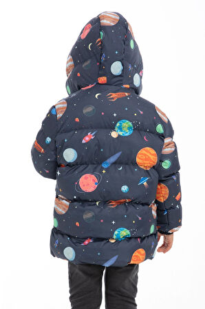 Erkek Çocuk Polarlı Kapüşonlu Gezegen Yıldız Desenli Kışlık Şişme Mont & Kaban & Parka