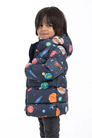 Erkek Çocuk Polarlı Kapüşonlu Gezegen Yıldız Desenli Kışlık Şişme Mont & Kaban & Parka