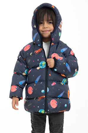 Erkek Çocuk Polarlı Kapüşonlu Gezegen Yıldız Desenli Kışlık Şişme Mont & Kaban & Parka