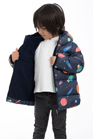 Erkek Çocuk Polarlı Kapüşonlu Gezegen Yıldız Desenli Kışlık Şişme Mont & Kaban & Parka