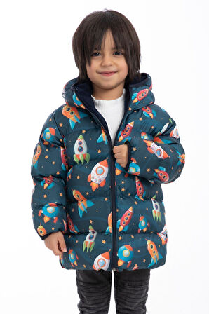 Erkek Çocuk Polarlı Kapüşonlu Roket Desenli Kışlık Şişme Mont & Kaban & Parka