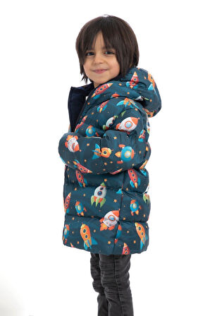 Erkek Çocuk Polarlı Kapüşonlu Roket Desenli Kışlık Şişme Mont & Kaban & Parka