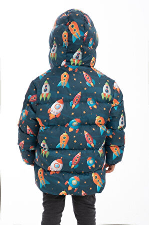 Erkek Çocuk Polarlı Kapüşonlu Roket Desenli Kışlık Şişme Mont & Kaban & Parka