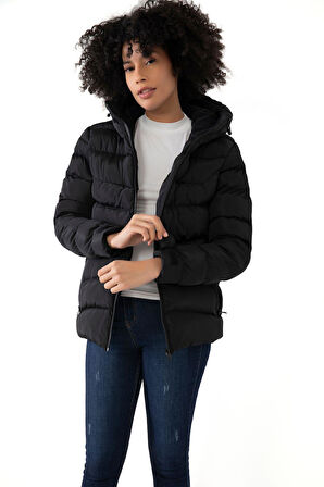 Kadın Kapüşonlu Polarlı Su Geçirmez Rüzgara Dayanıklı Şişme Mont & Kaban & Parka