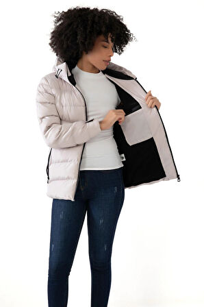 Kadın Kapüşonlu Polarlı Su Geçirmez Rüzgara Dayanıklı Şişme Mont & Kaban & Parka