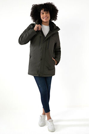 Kadın Polarlı Su Ve Rüzgar Geçirmez Kapüşonlu Kışlık Mont Kaban Parka