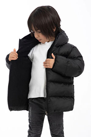 Erkek Çocuk Polarlı Kapüşonlu Su Geçirmez Rüzgara Dayanıklı Şişme Kışlık Mont & Kaban