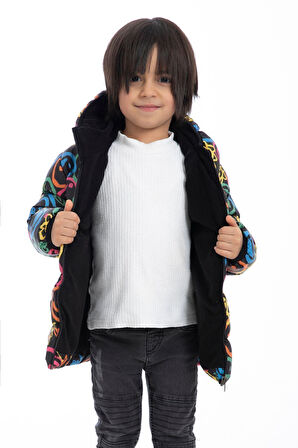 Erkek Çocuk Polarlı Kapüşonlu Araba Yıldız Ay Desenli Kışlık Şişme Mont & Kaban