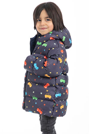Erkek Çocuk Polarlı Kapüşonlu Araba Yıldız Ay Desenli Kışlık Şişme Mont & Kaban