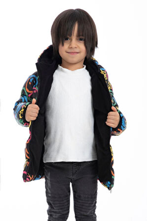 Erkek Çocuk Polarlı Kapüşonlu Araba Yıldız Ay Desenli Kışlık Şişme Mont & Kaban