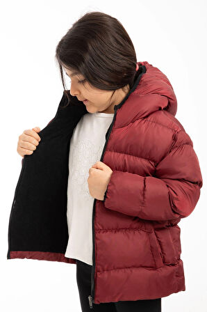 Kız Çocuk Polarlı Kapüşonlu Su Geçirmez Rüzgara Dayanıklı Şişme Kışlık Mont & Kaban