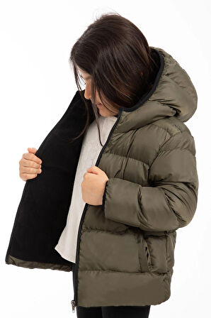 Kız Çocuk Polarlı Kapüşonlu Su Geçirmez Rüzgara Dayanıklı Şişme Kışlık Mont & Kaban