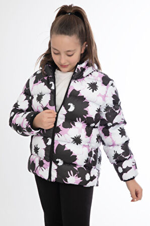 Kız Çocuk Kar Tanesi Desen Polar Su ve Rüzgar Geçirmez Kapüşonlu Cepli Şişme Kışlık Mont